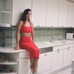 Inamorata red cotton bodycon crop top midi skirt set S/S small